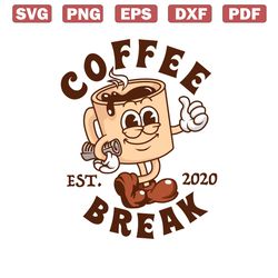retro coffee break est 2020 cartoon logo svg
