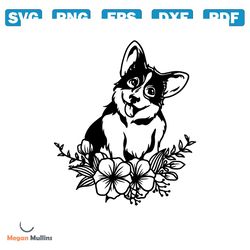 floral pembroke welsh corgi svg | cute dog with flowers svg | cricut cutting file silhouette printable clipart vector di