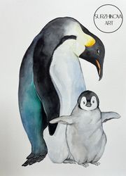 watercolor painting of a cute emperor penguin family