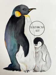 watercolor painting of a emperor penguin family