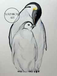 watercolor drawing of a penguin family