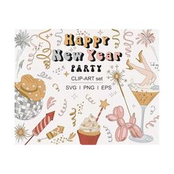 groovy happy new year eve party hat mask champagne confetti fireworks skyrocket disco ball clipart set individual png sv