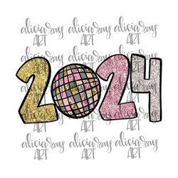 new year sublimation png design | hand drawn | digital art download | shirt design | glitter | pink and gold | disco bal