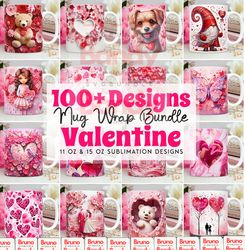 100 valentine mug wrap bundle, valentines day mug wrap sublimation designs png, 11oz and 15oz mug template, 3d valentine