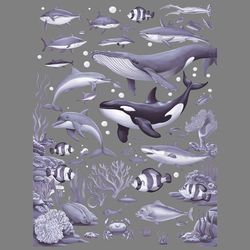 ocean nature coral whale orca turtle dolphin retro png