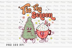 tis the season png file, retro merry christmas sublimation, christmas tree and hot cocoa design, instant digital downloa