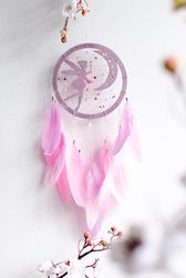 enchanting pink fairy dreamcatcher with feather decor for nursery, kids room, or boho home decor, custom name available