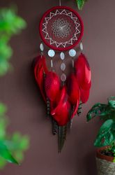 stunning red dreamcatcher with feather and bead decor – handmade wall hanging for boho home, nursery, or unique gift