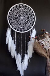 elegant large white dreamcatcher with beads and feathers – handmade wall hanging for boho home, nursery, or unique gift