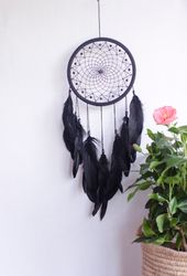 stylish black dreamcatcher with beads and feathers – handmade boho wall hanging for home, office, or unique gift