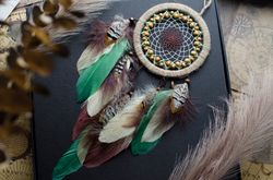 handcrafted dreamcatcher with natural feathers - boho wall hanging decor