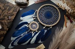 blue and white handcrafted dreamcatcher with natural feathers - boho wall hanging decor - fast shipping available