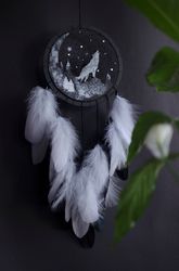 handcrafted native american inspired totem wolf dreamcatcher with crescent moon design in black, silver, white