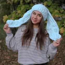 original puffy fluffy cute hand knitted beanie hat with bunny big ears kawai anime hat winter warm hat blu