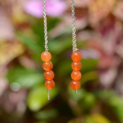 carnelian earrings, drop dangle beads earrings, gemstone silver threader earrings women, beaded stone earrings orange