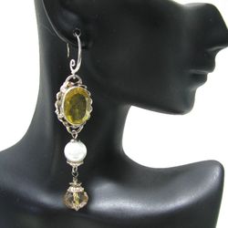 handmade long statement gemstone earrings from yellow quartz, white shell pearls, crystal beads