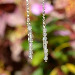 labradorite drop earrings, beaded dangle earrings women, beaded handmade earrings, boho silver earrings, long dangle