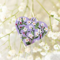 hearted wooden pendant with hand painted flowers - lilac