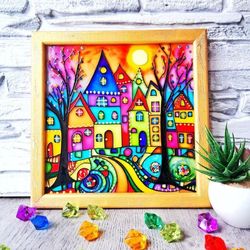 cartoon houses painting beautiful sunset handpainted art stained glass decor