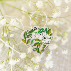 hearted wooden pendant with hand painted flowers - pale pink