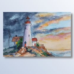 white lighthouse painting original watercolor art landscape artwork 4 by 6 watercolor card