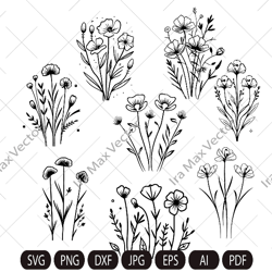 wildflowers svg, wild flower svg bundle, floral frame svg, split monogram svg, bouquet svg, floral svg,