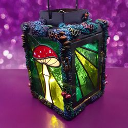 stained glass mushroom lamp, stained glass candle holder, witchy decor toadstool shroom polymer clay forest suncatcher