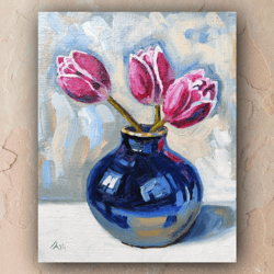 tulip painting original oil art stretched canvas pink flowers artwork 8" x 10"