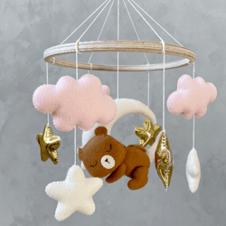 bear mobile baby girl pink and gold, crib mobile girl, woodland baby girl mobile