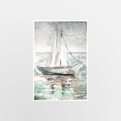 original art aceo watercolor painting ship at sea 3.5 x 2.5 inches, mixed media
