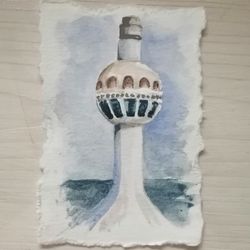 aceo original watercolor painting lighthouse djada 2.5 x 3.5 inches mixed media