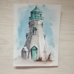 aceo original watercolor painting lighthouse green 2.5 x 3.5 inches mixed media