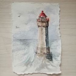 aceo original watercolor painting lighthouse la jument 2.5 x 3.5 inches mixed media