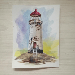 aceo original watercolor painting lighthouse with red roof 2.5 x 3.5 inches mixed media