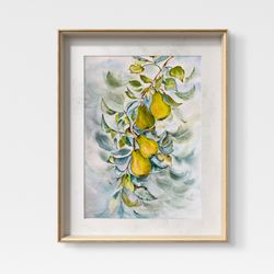 original watercolor painting green pears 15"x22", fruit painting painting, branch with pears painting, gifts