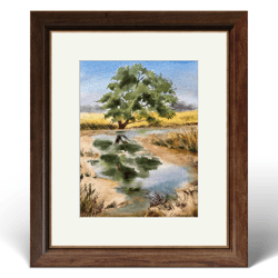 original watercolor painting oak tree by the creek 12"x16", original watercolor landscape, painting reflection painting