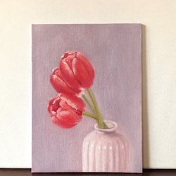 flower still life tulips oil painting floral small art 15x20 cm