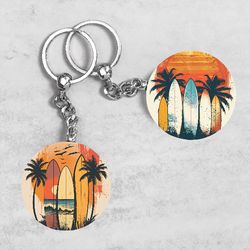 sunset beach keychain designs, tropical keychains, surfboard keychain sublimation