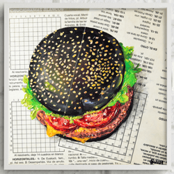 burger newspaper oil painting modern kitchen american fast food still life art impasto burger painting cafe