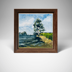 small original palette knife painting oil painting river birch 5.9"x5.9" miniature of tree oil artwork, mini landscape p
