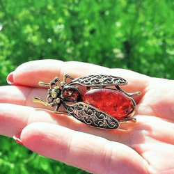 beetle brooch insect jewelry gift for women men amber summer nature jewelry bug brooch pin vintage orange gold antique