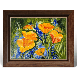 original oil artwork californias poppies and lupini 6"x 7,87" poppies painting, artwork, wall art, personalized gifts, m