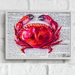 crab original oil painting: moody still life art on newspaper - miniature sea life lobster animal