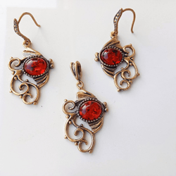 fish dangle earrings and fish pendant gold baltic amber jewelry set pisces gift for her women's jewelry red vintage