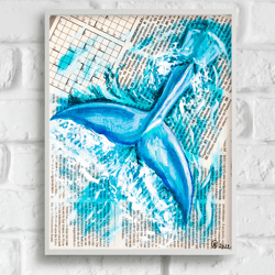 whale painting ocean original oil art 10 by 8 newspaper art seafood animal fish artwork under the sea life art nautical