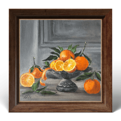 original oil painting tangerines on a silver platter, still life oil painting, fruit oil artwork, canvas tangerines pain