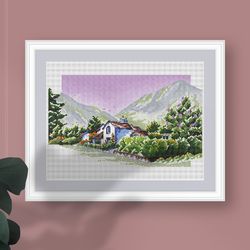 english countryside mountain cottage cross stitch pattern village house with garden landscape chart little cottage pdf
