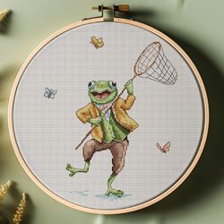 frog and butterflies cross stitch pattern funny frog in suit hunting butterflies stitching frog and butterfly hunt