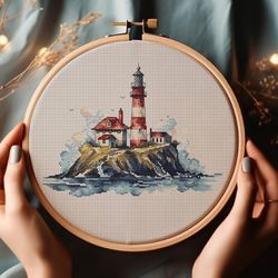 sea lighthouse island cross stitch pattern marine landscape with red beacon embroidery chart naval stitching pdf saga