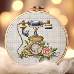 vintage telephone cross-stitch pattern phone and pink rose embroidery retro golden phone with flower pdf chart